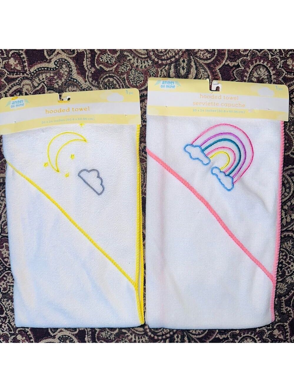 NIP Angel Of Mine Baby / Infant Hooded Towel Rainbow/Moon Design Bundle Of 2
